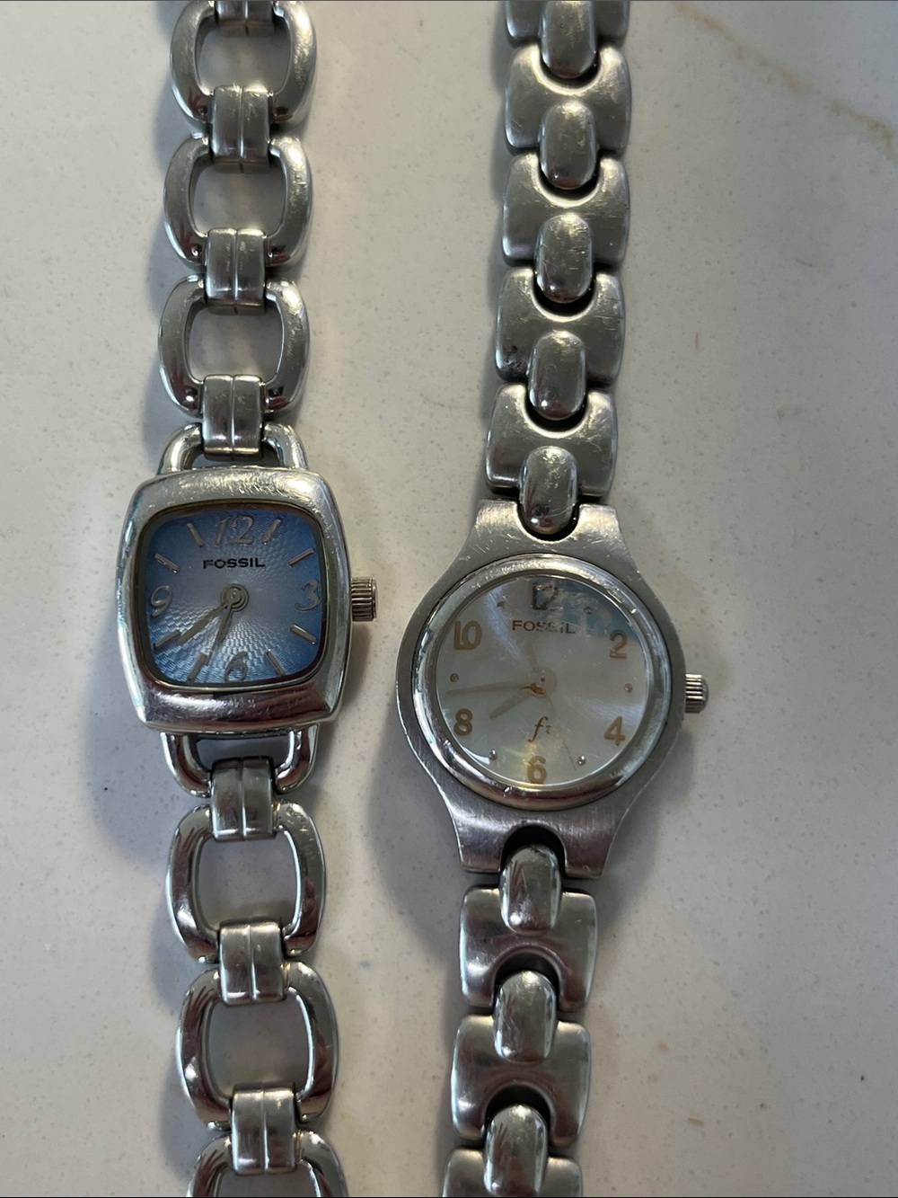 2 F2 Fossil Silver Link Bracelet Watches with Blue and iridescent Dials
